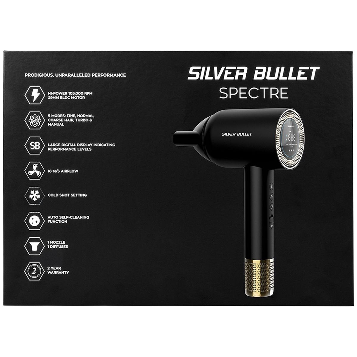 Silver Bullet Spectre hair dryer - 1600W to 2000W motor, five modes, ionic - 900583