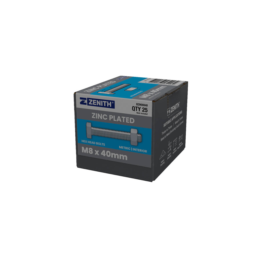 ZENITH M8 x 40mm Zinc Plated Hex Head Bolts and Nuts 25 Pack 4.6 Grade Steel