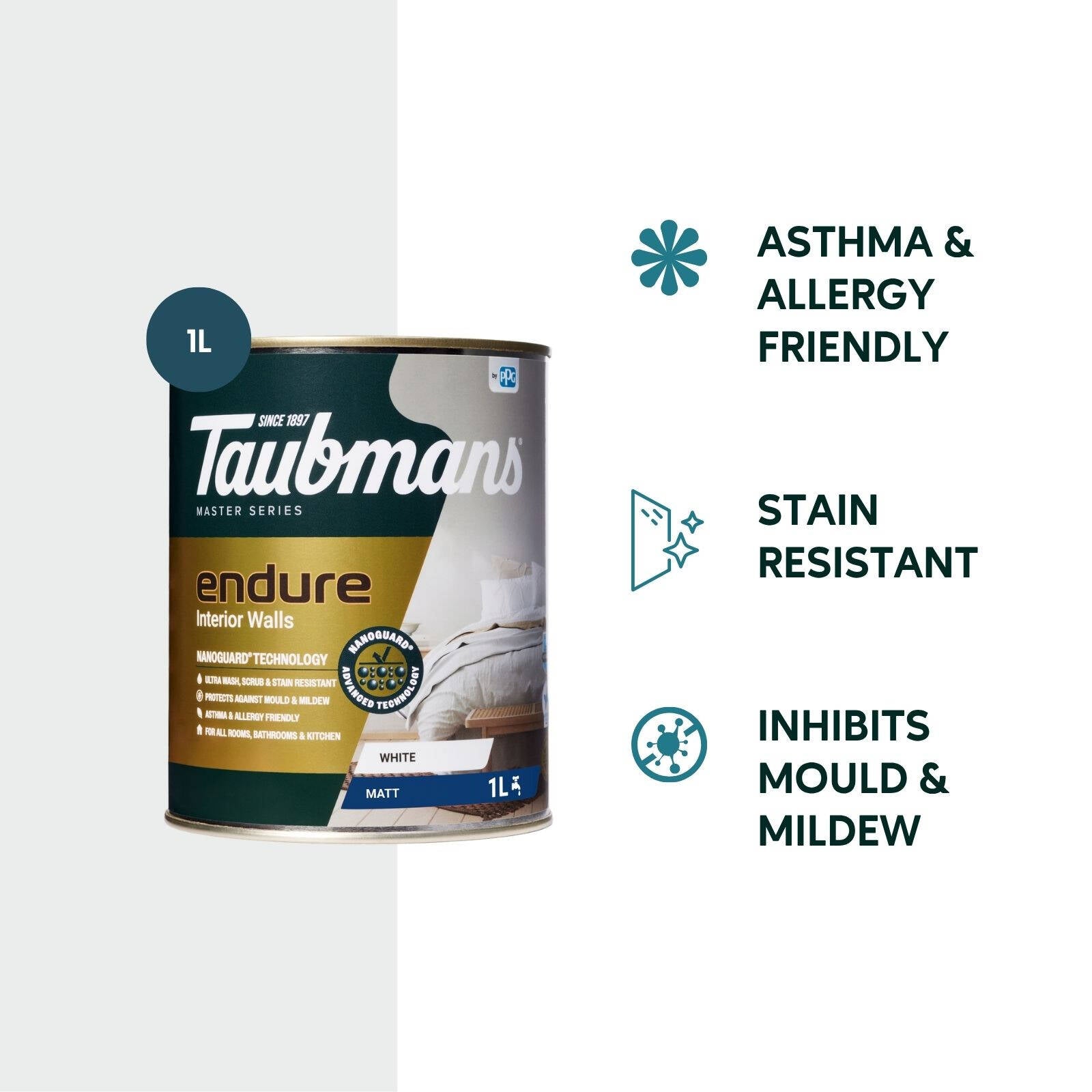 Taubmans Endure 1L White Untinted Matt Interior Wall Paint Water Based Stain Resistant