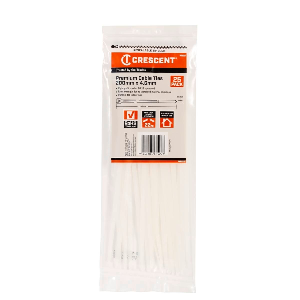 Crescent Cable Ties - 200 x 4.6mm - Natural - 25 Pack - Nylon - Self-Locking - SuperSaverAU - view 1