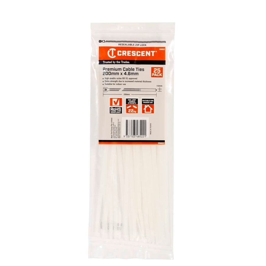 Crescent Cable Ties - 200 x 4.6mm - Natural - 25 Pack - Nylon - Self-Locking - SuperSaverAU - view 1