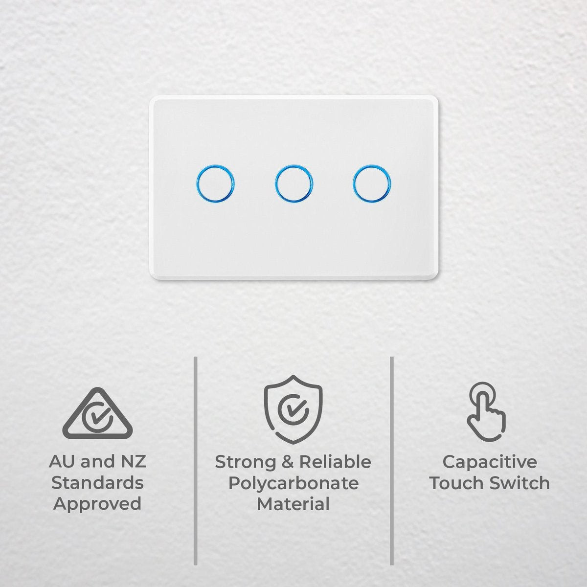 Deta Touch Activated Triple Gang Light Switch - 77mm x 30mm x 110mm - White - SuperSaverAU - view 2