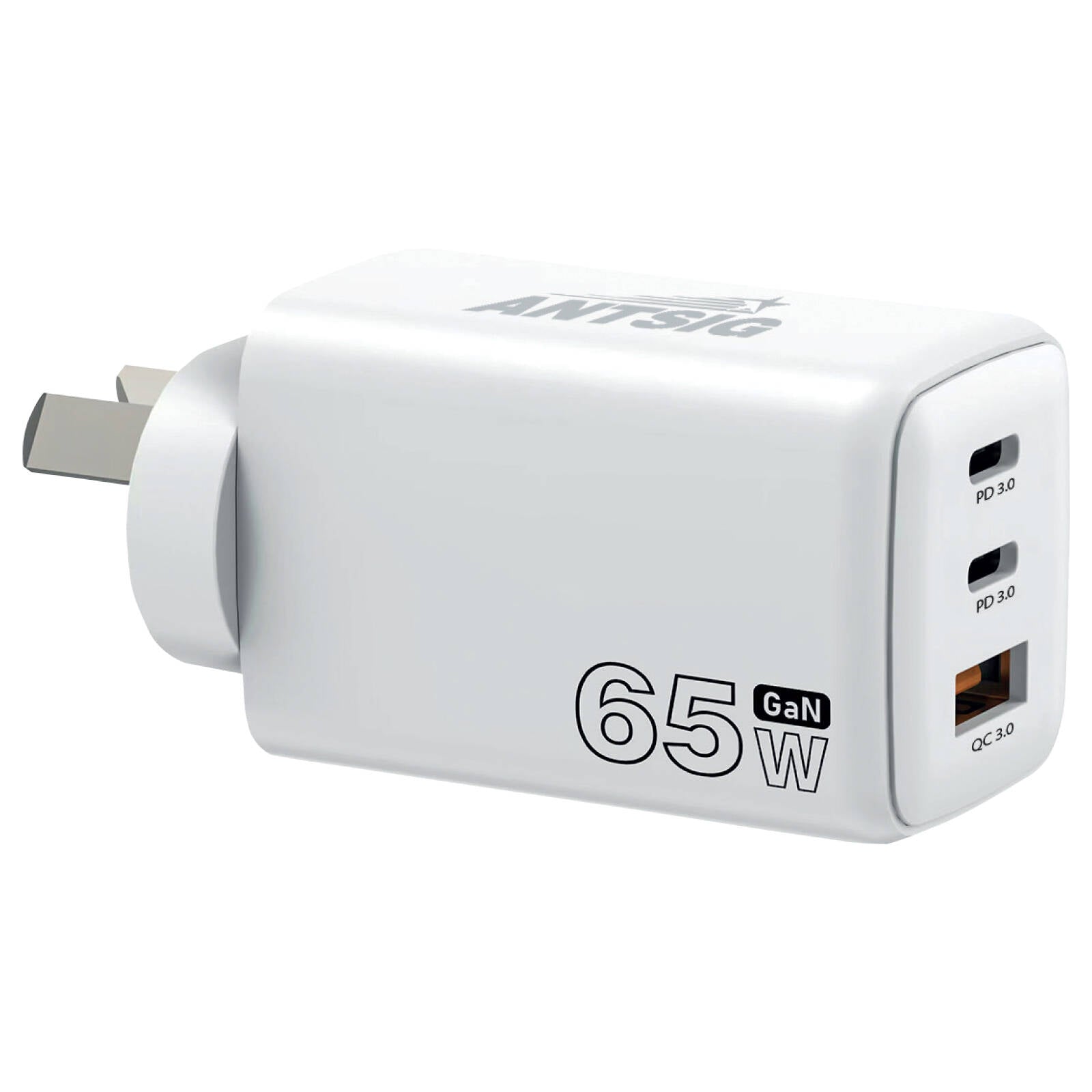 Antsig 65W Multi Port Wall Charger - USB-C 65W + Dual USB-A, GaN Fast Charge APWC65WA2C