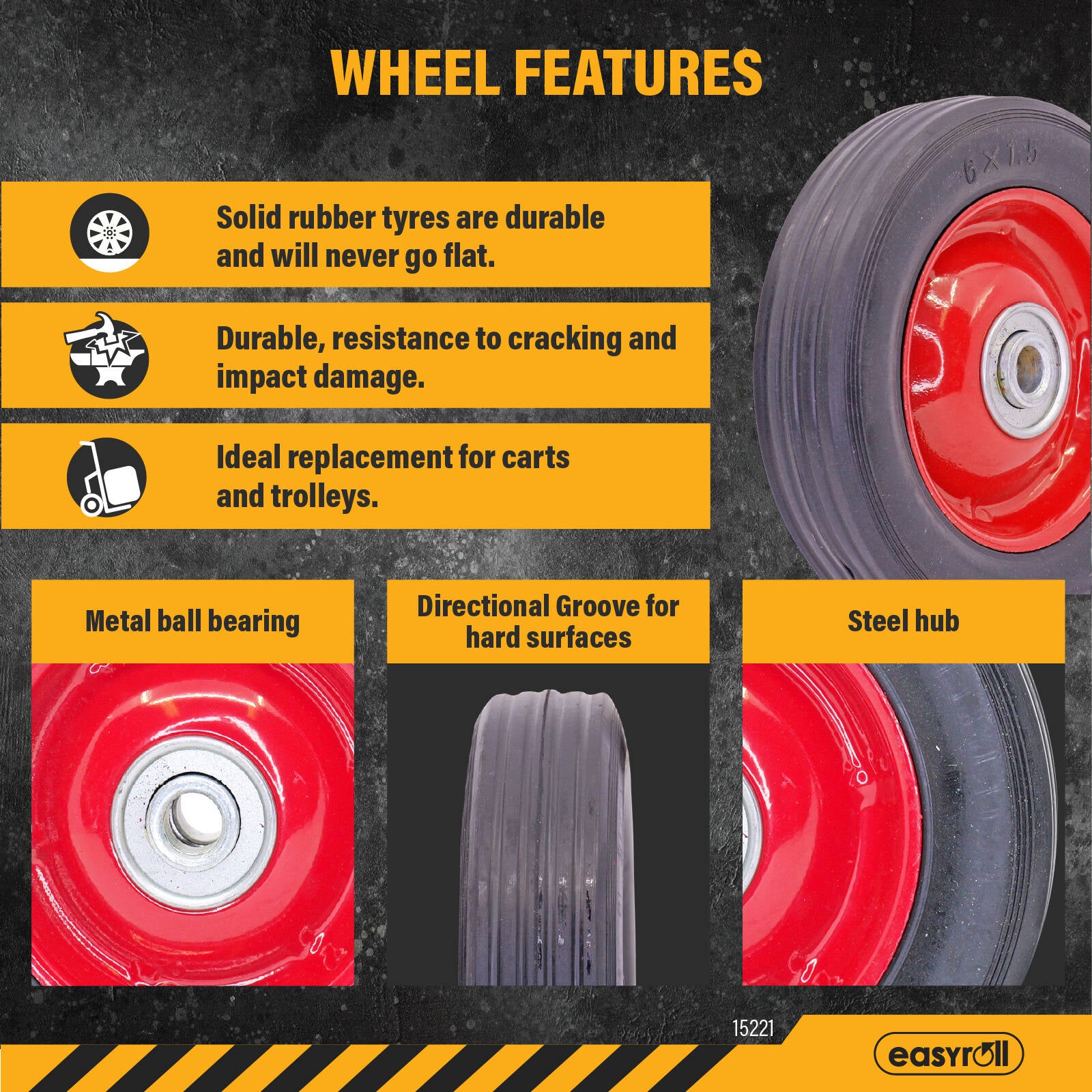 Easyroll 150mm Black Rubber Tyre with Red Metal Centre, Solid, 50kg Load