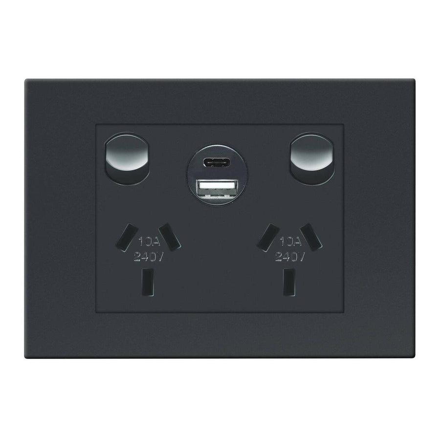 HPM Black Vivo Double Powerpoint - 2 Outlets - 15W USB Charger - SuperSaverAU - view 1