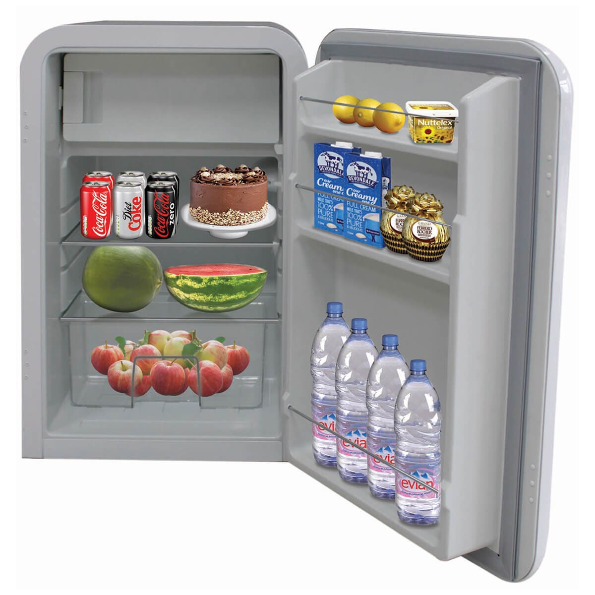 Airflo 130L retro bar fridge - White finish, reversible door, vegetable crisper - AFF130XW
