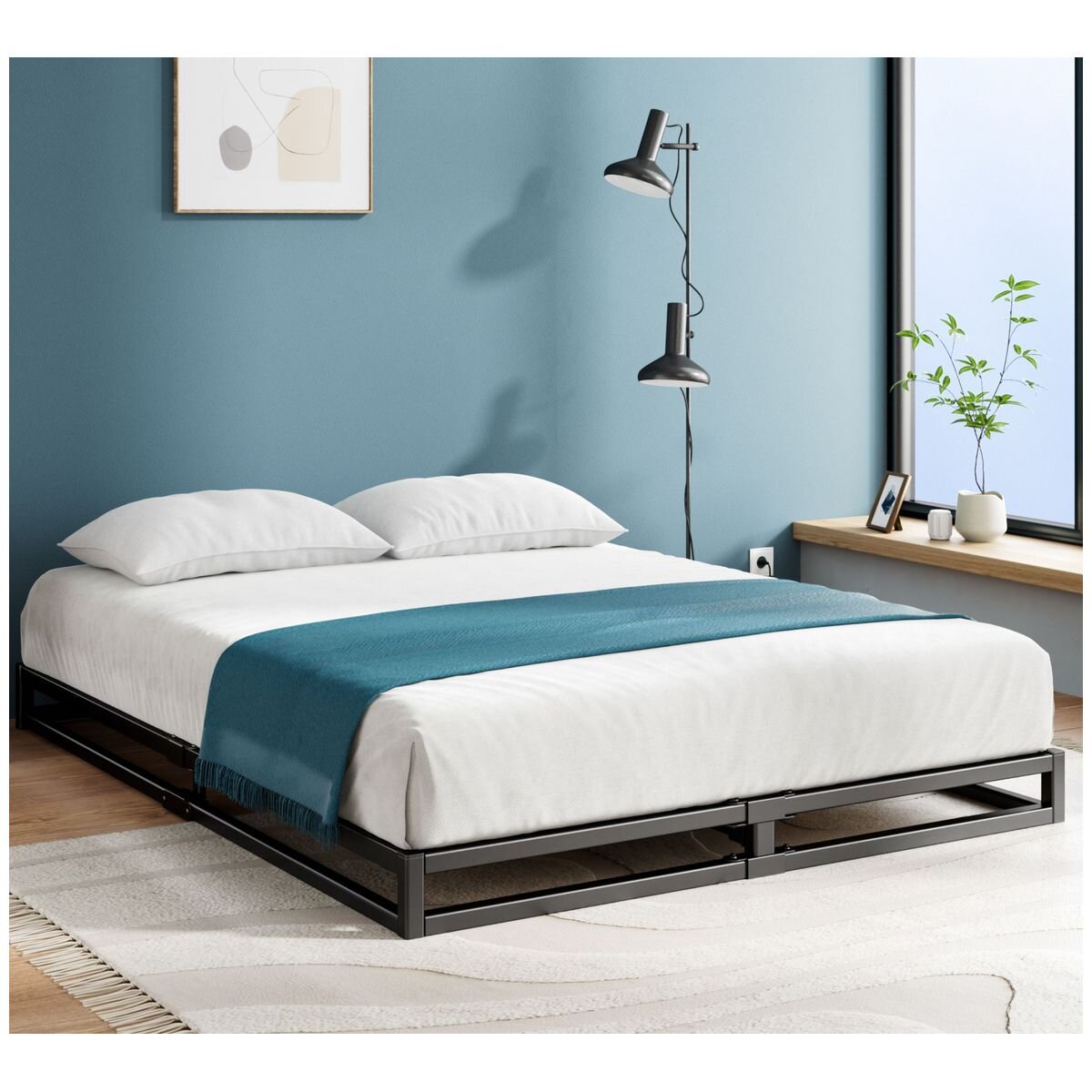 Zinus Joseph queen metal bed frame - 15cm low profile, flat wooden slats, black steel - AU-MBBF-6Q