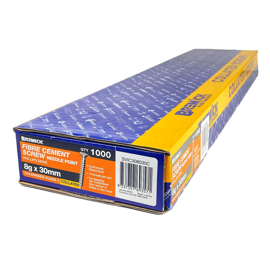 Bremick Collated Screw 8g x 30mm Galvanised - 1000 Pack - Fibre Cement - SuperSaverAU - view 1