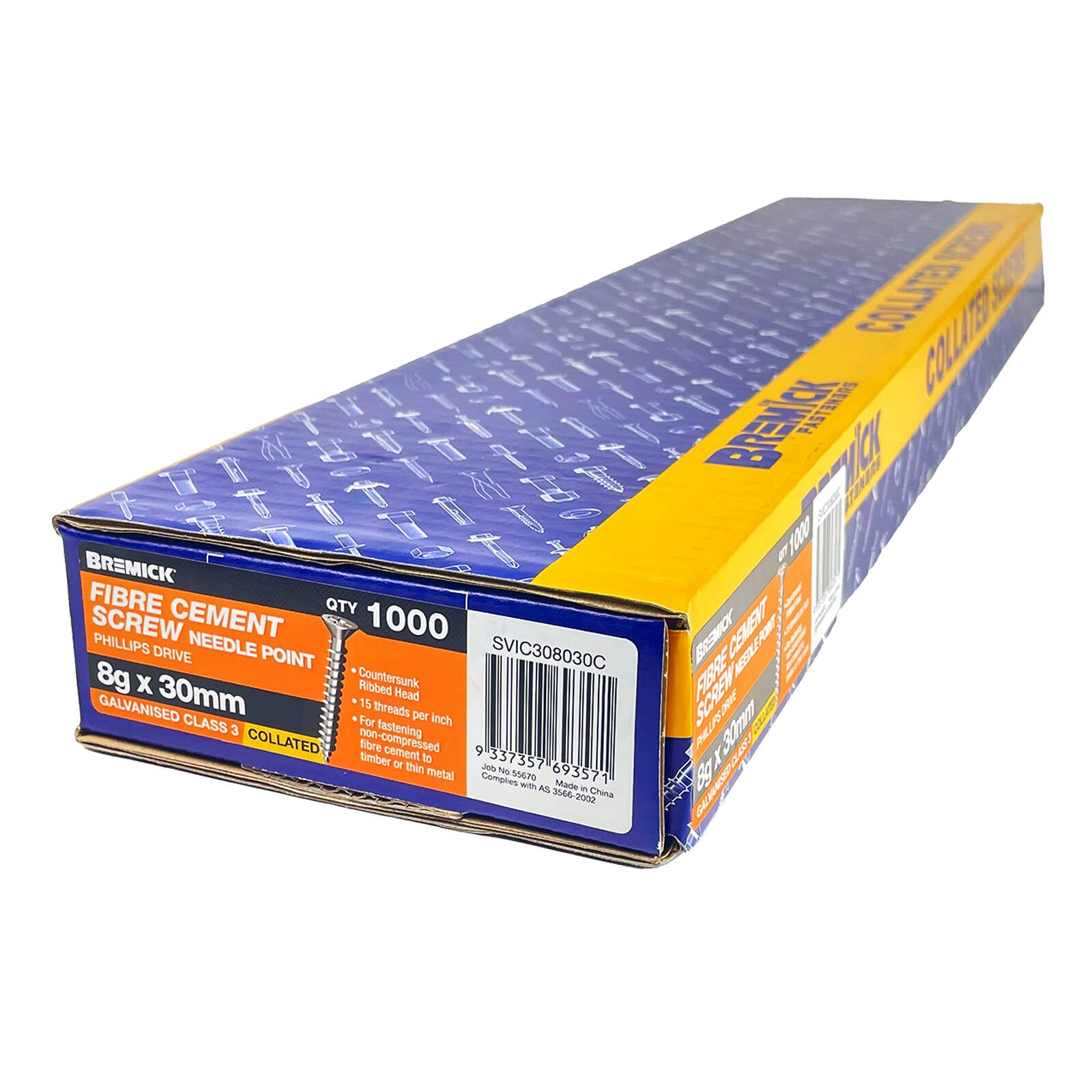 Bremick 8g x 30mm Galvanised Carbon Steel Collated Fibre Cement Screw 1000 Pack