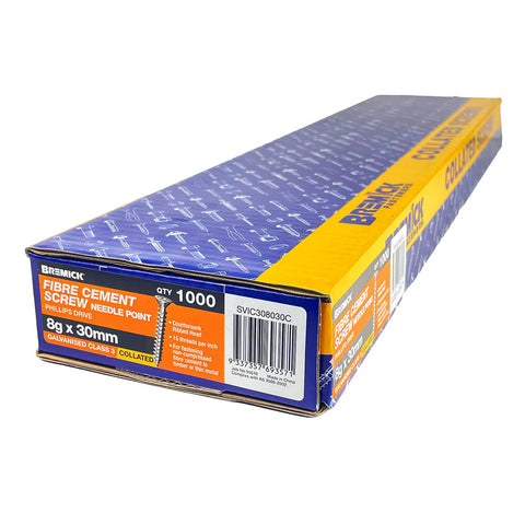 Bremick 8g x 30mm Galvanised Carbon Steel Collated Fibre Cement Screw 1000 Pack