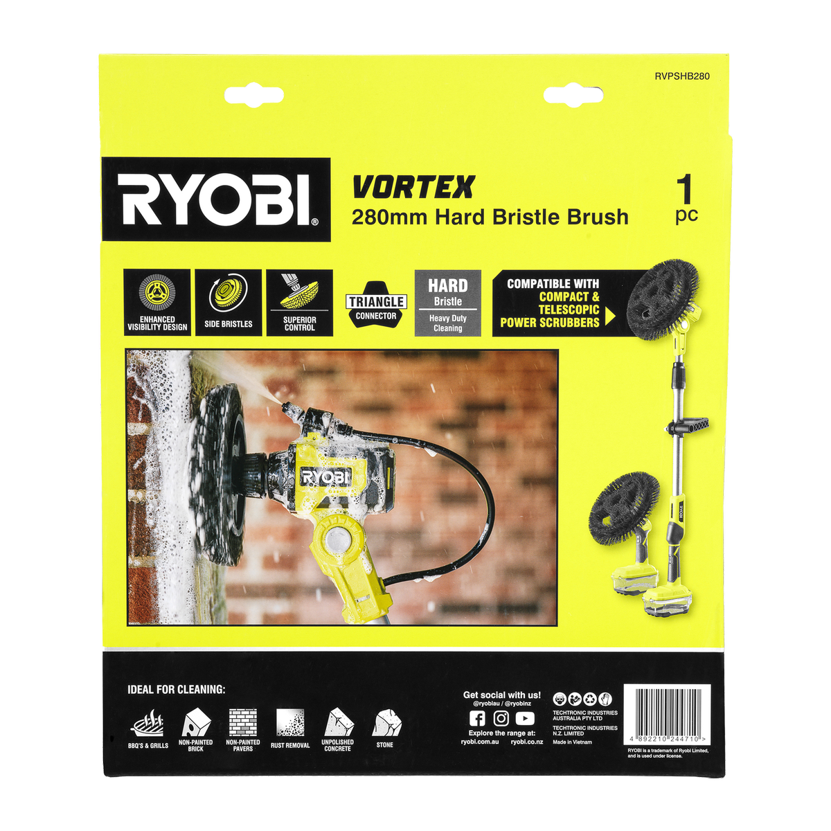 Ryobi 280mm Hard Bristle Power Scrubber Brush - Heavy-Duty Cleaning Tool - SuperSaverAU - view 3