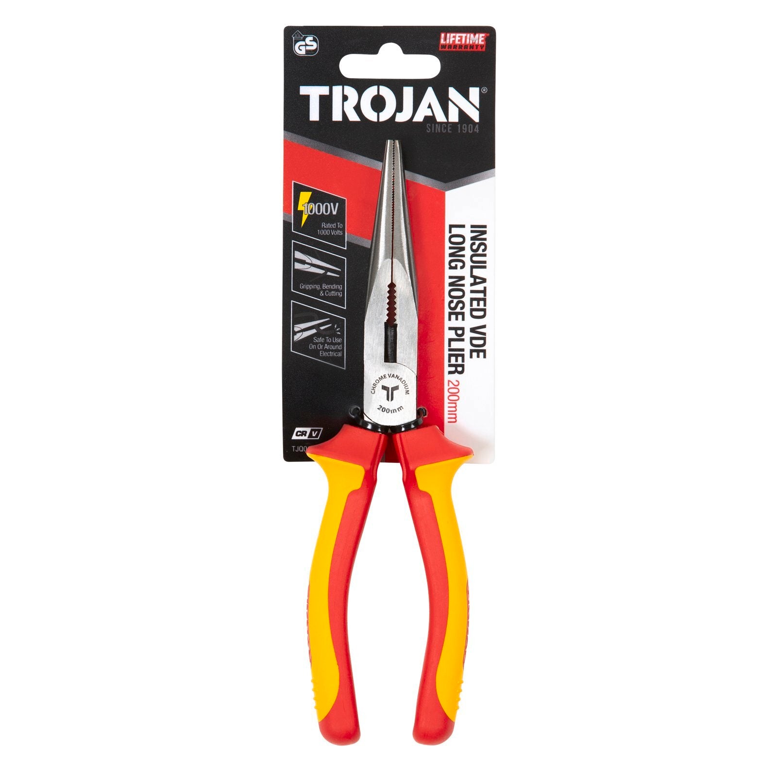 Trojan 200mm VDE Long Nose Plier Red and Black CRV