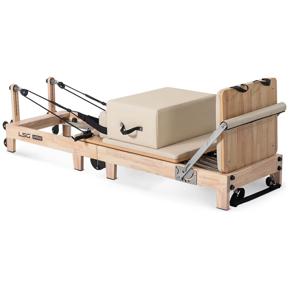 LSG Fitness Foldable Pilates Reformer - Beige, Oak Frame, Adjustable Resistance, Wheels - LGRF-GPR500