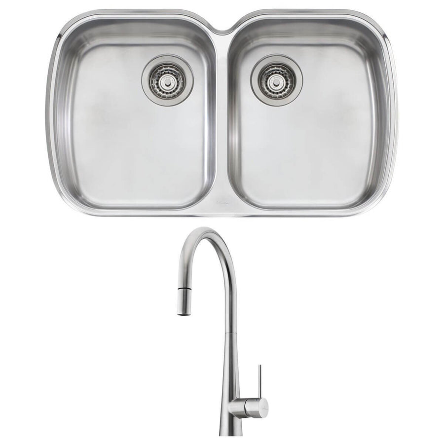 Oliveri Monet double bowl undermount sink and Essente pull out tap - 18/10 stainless steel - SS31625MO70U