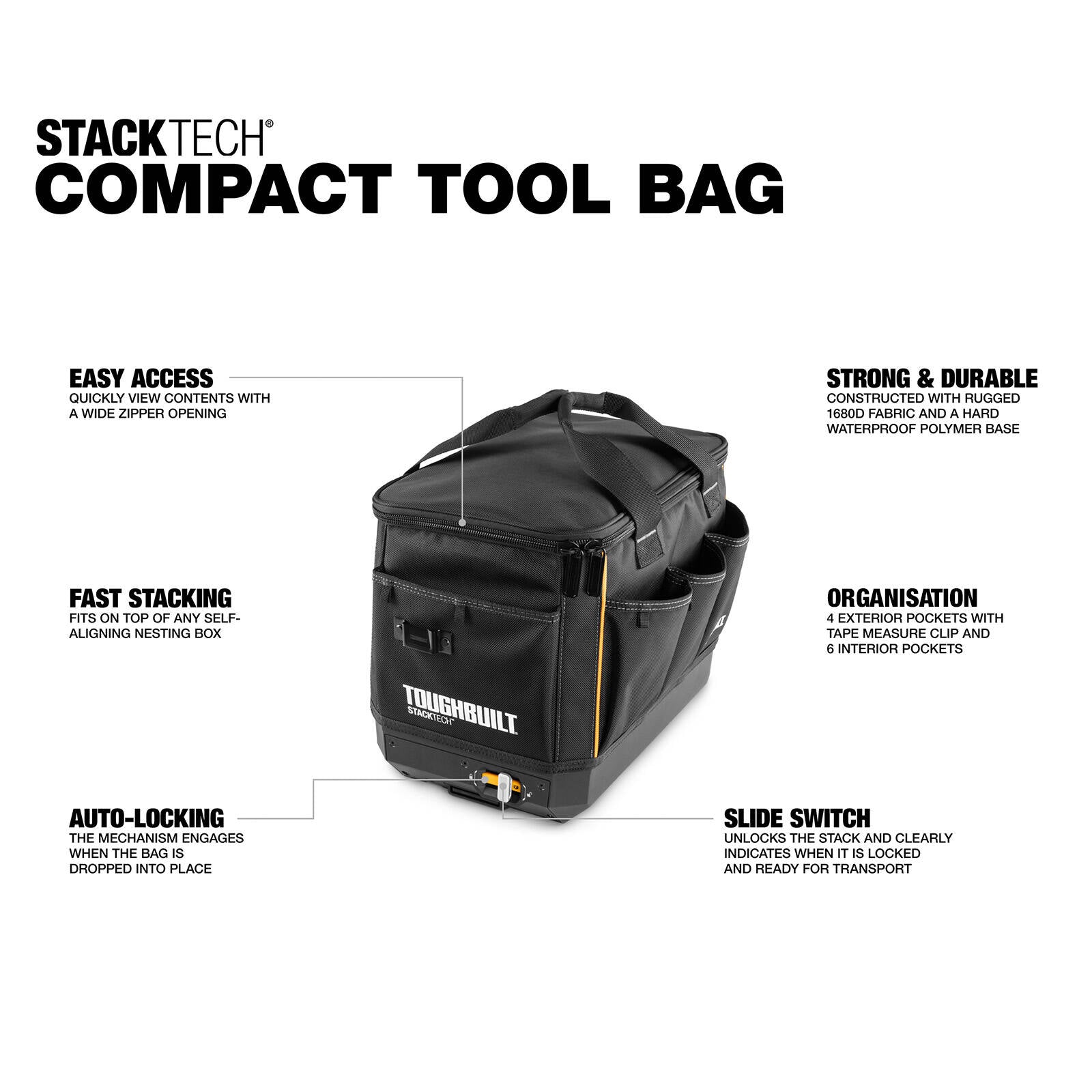 ToughBuilt StackTech Tool Bag - 1680D Stackable Tool Tote with Auto-Lock