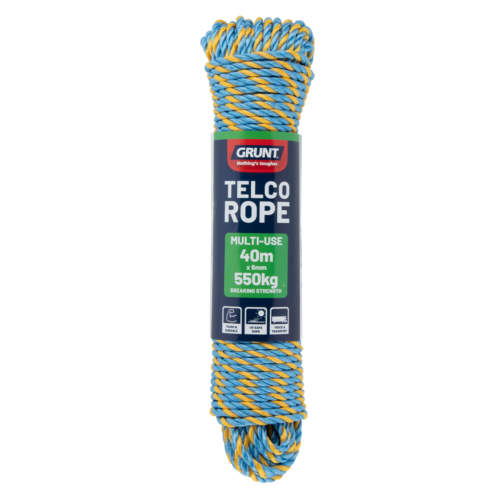 Grunt 6mm x 40m Telco Rope, Blue with Yellow, Twisted Polypropylene, 550kg Break Strength