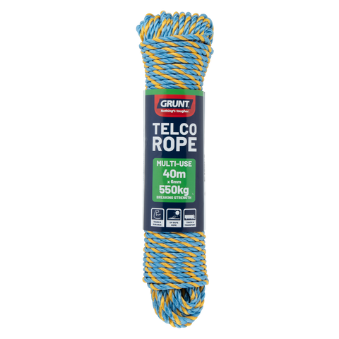 Grunt 6mm x 40m Telco Rope, Blue with Yellow, Twisted Polypropylene, 550kg Break Strength