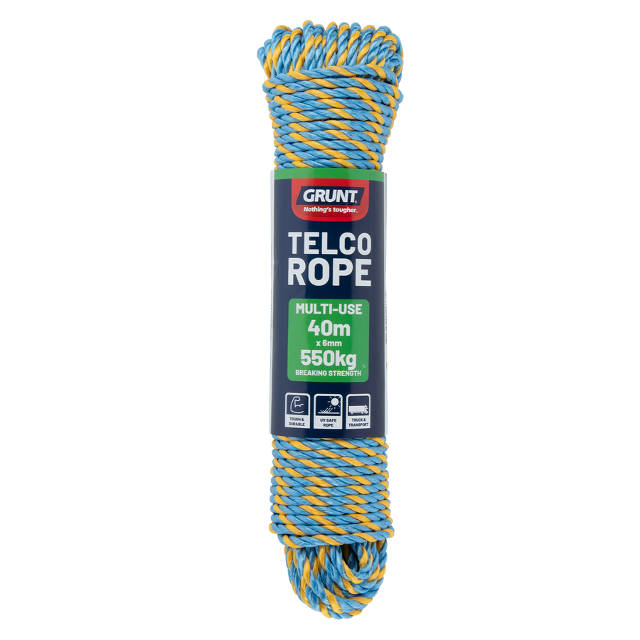 Grunt 6mm x 40m Telco Rope, Blue with Yellow, Twisted Polypropylene, 550kg Break Strength