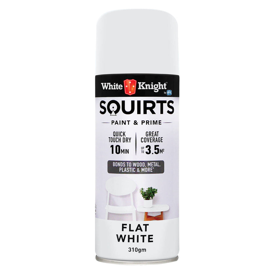 White Knight Squirts White Flat Spray Paint 310g - Solvent-Based Paint & Primer, Waterproof