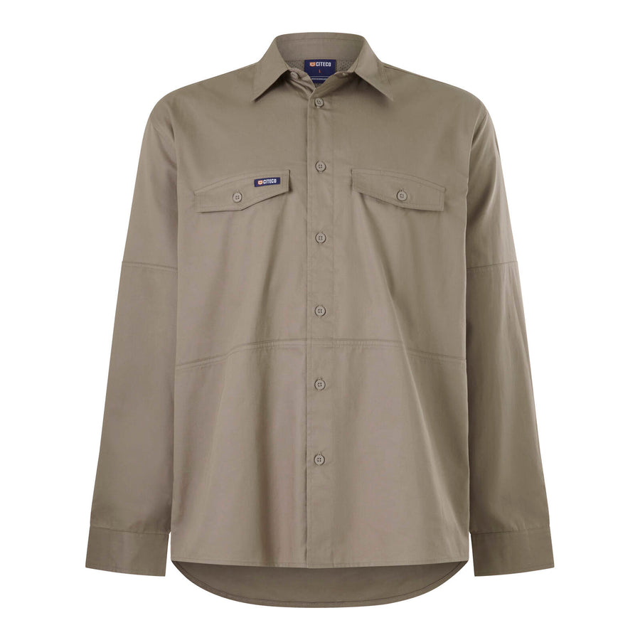 Citeco Khaki Long Sleeve Work Shirt - 100% Cotton, Size S