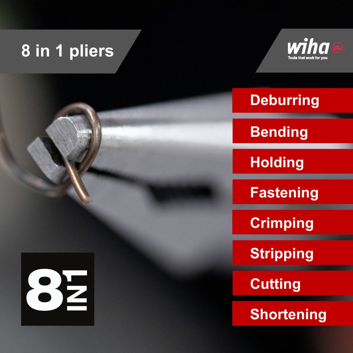 Wiha 8 in 1 Multifunction Pliers, Steel, with Built-In Cutter and Pointed Nose