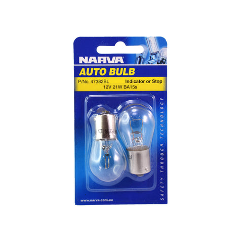 Narva 12V 21W BA15s Incandescent Stop/Tail and Indicator Globe Clear Glass 2 Pack 47382BL