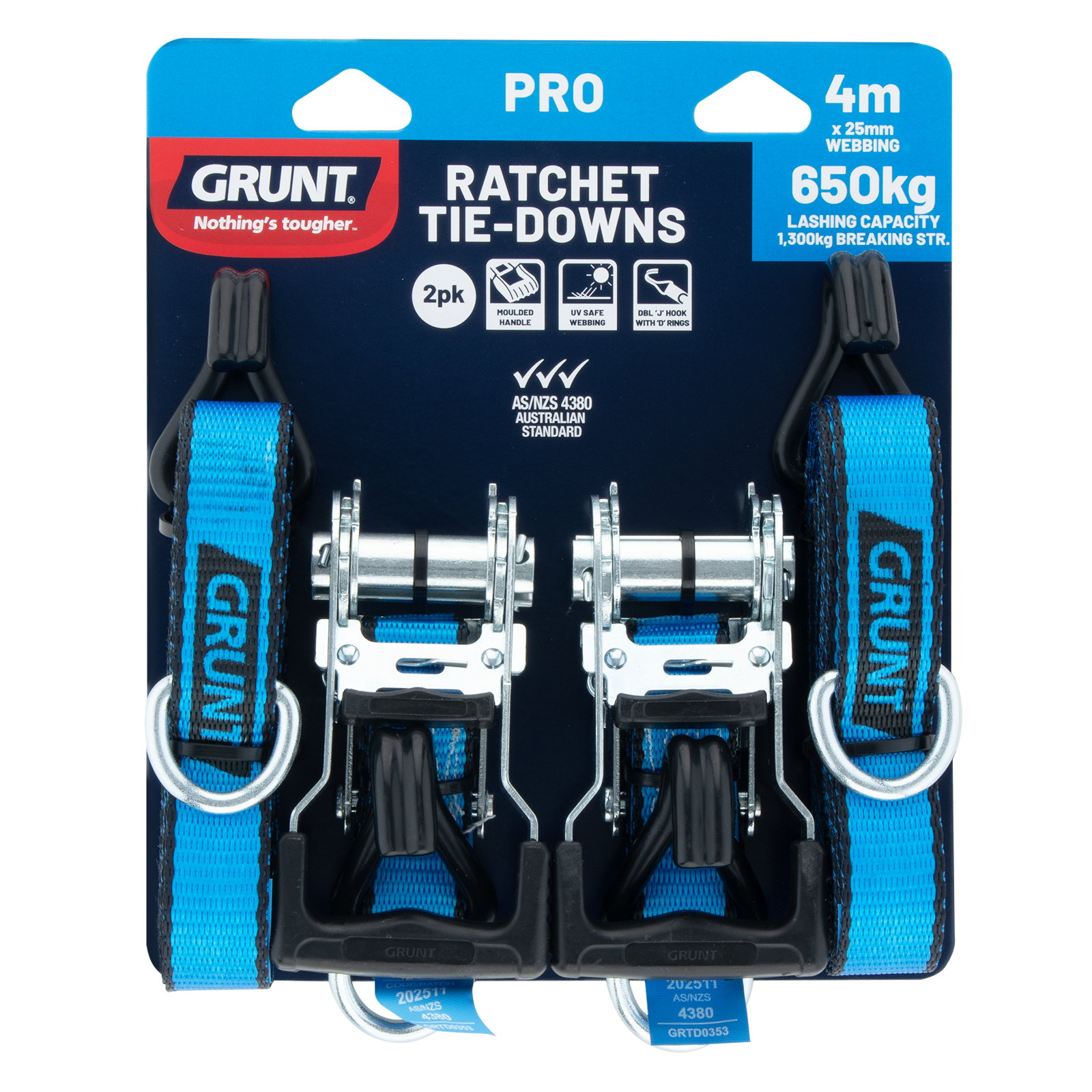 Grunt 25mm x 4m Ratchet Tie Down Straps, Polyester Webbing, 2 Pack