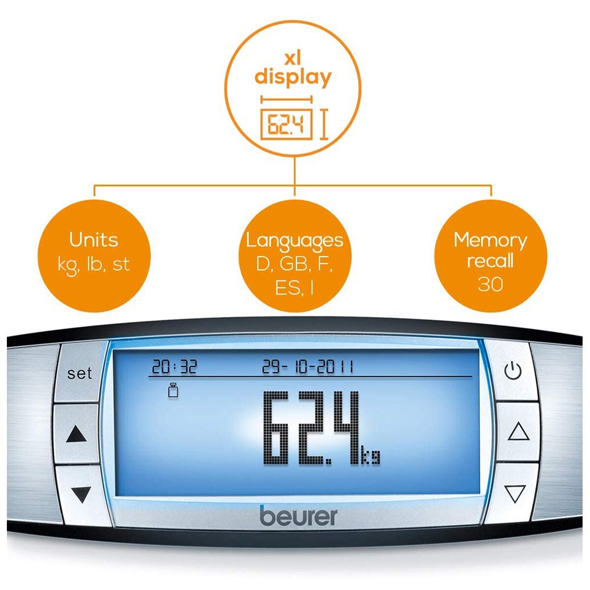 Beurer Diagnostic Bathroom Scale - Silver - Body Fat, Water, Muscle and Bone Mass Readings - BF105