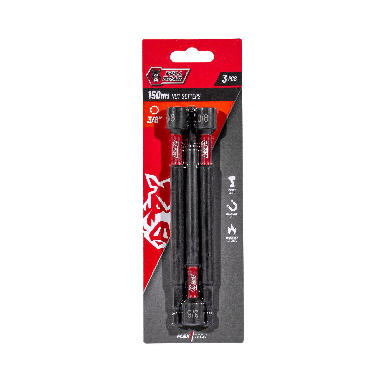 Full Boar 3/8" x 150mm Magnetic Impact Nut Setters - 3 Pack, S2 Steel