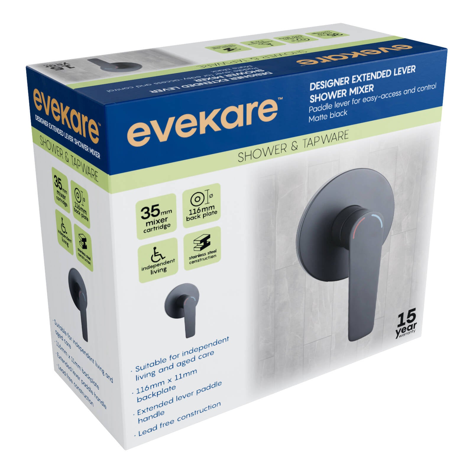 evekare 35mm Matte Black Extended Lever Shower Mixer 7.5L/min
