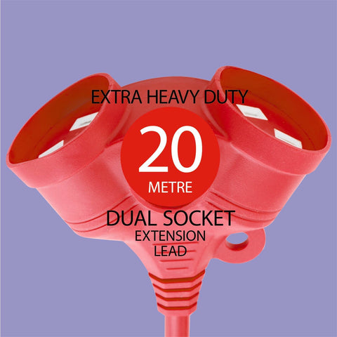 DETA 20m Red Extra Heavy Duty Dual Socket Extension Lead - 10A 240V Switched DRX20