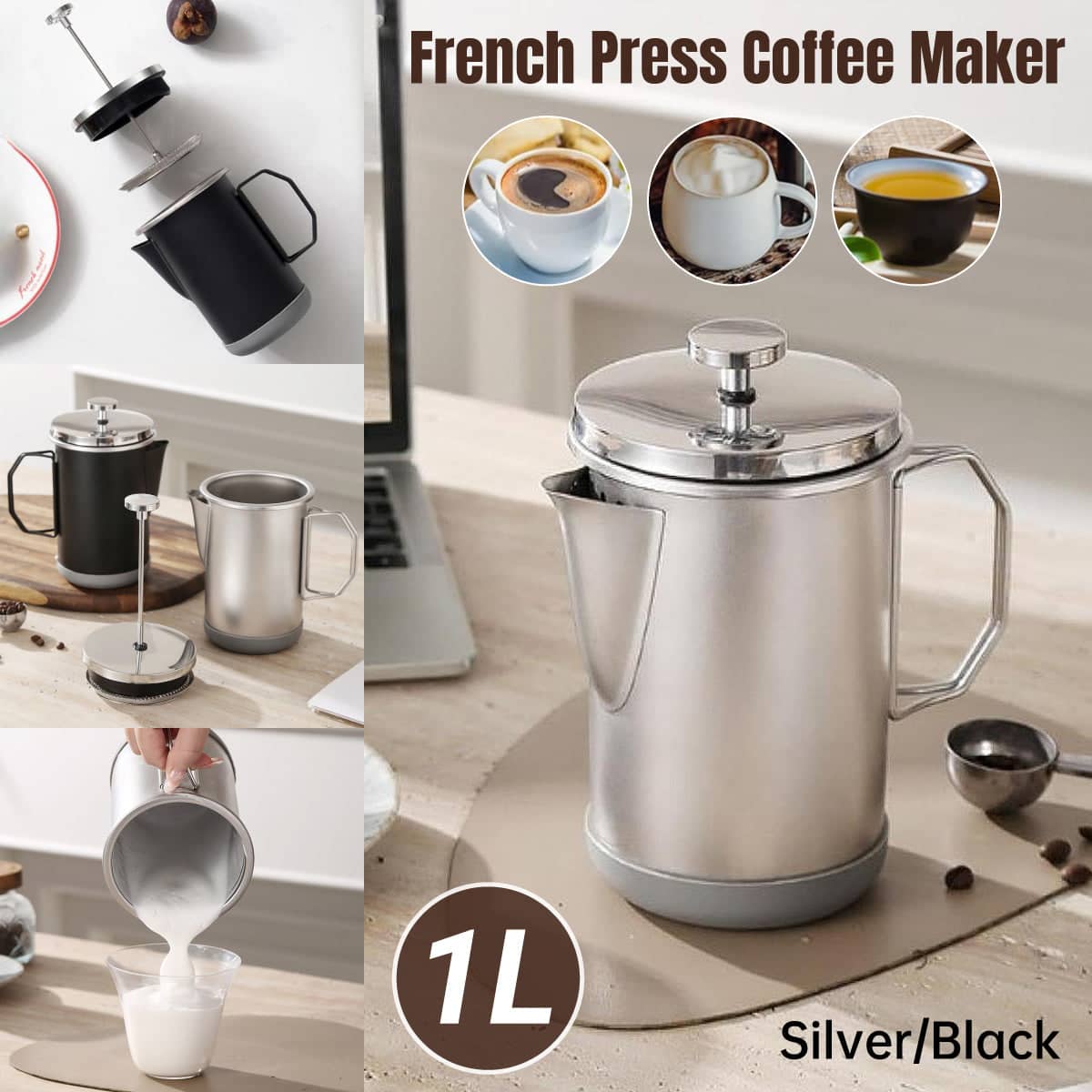 1L Stainless Steel French Press Coffee Maker Portable Camping Plunger Pot - Black - view 2