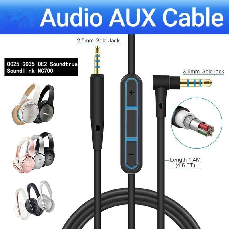 2.5 mm to 3.5 mm Audio Cable with Mic and Remote for Bose QC25 and QC35 Headphones