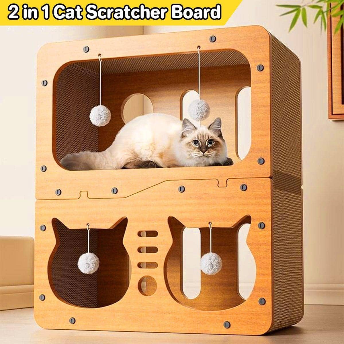 2-In-1 Cat Scratcher Board House with Hanging Balls, Cardboard Cat Tower