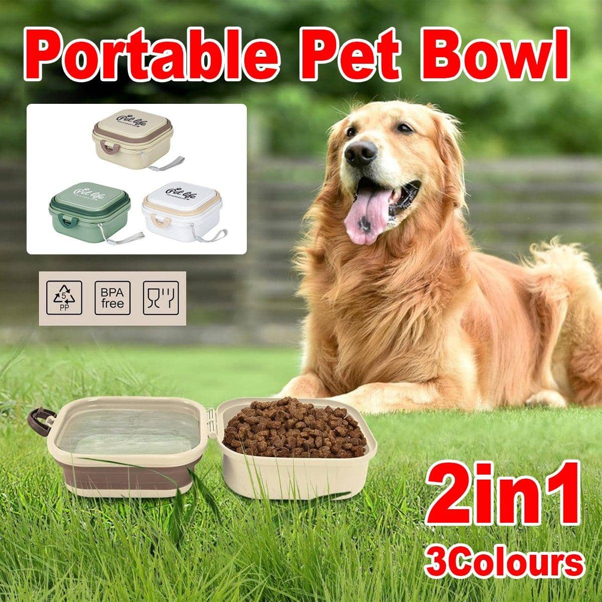 2-In-1 Outdoor Portable Pet Food and Water Bowl for Travel - Khaki - view 2