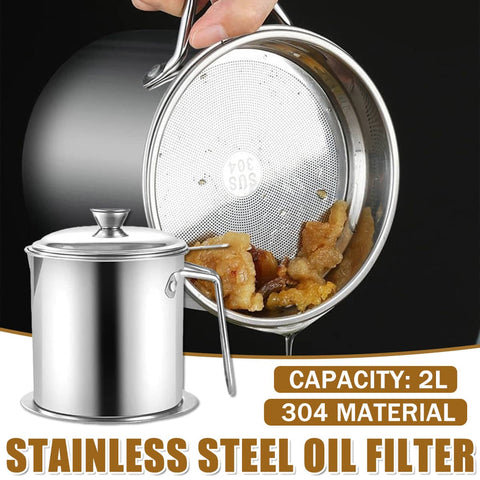 2 L Stainless Steel Oil Filter Pot with Fine Mesh Strainer