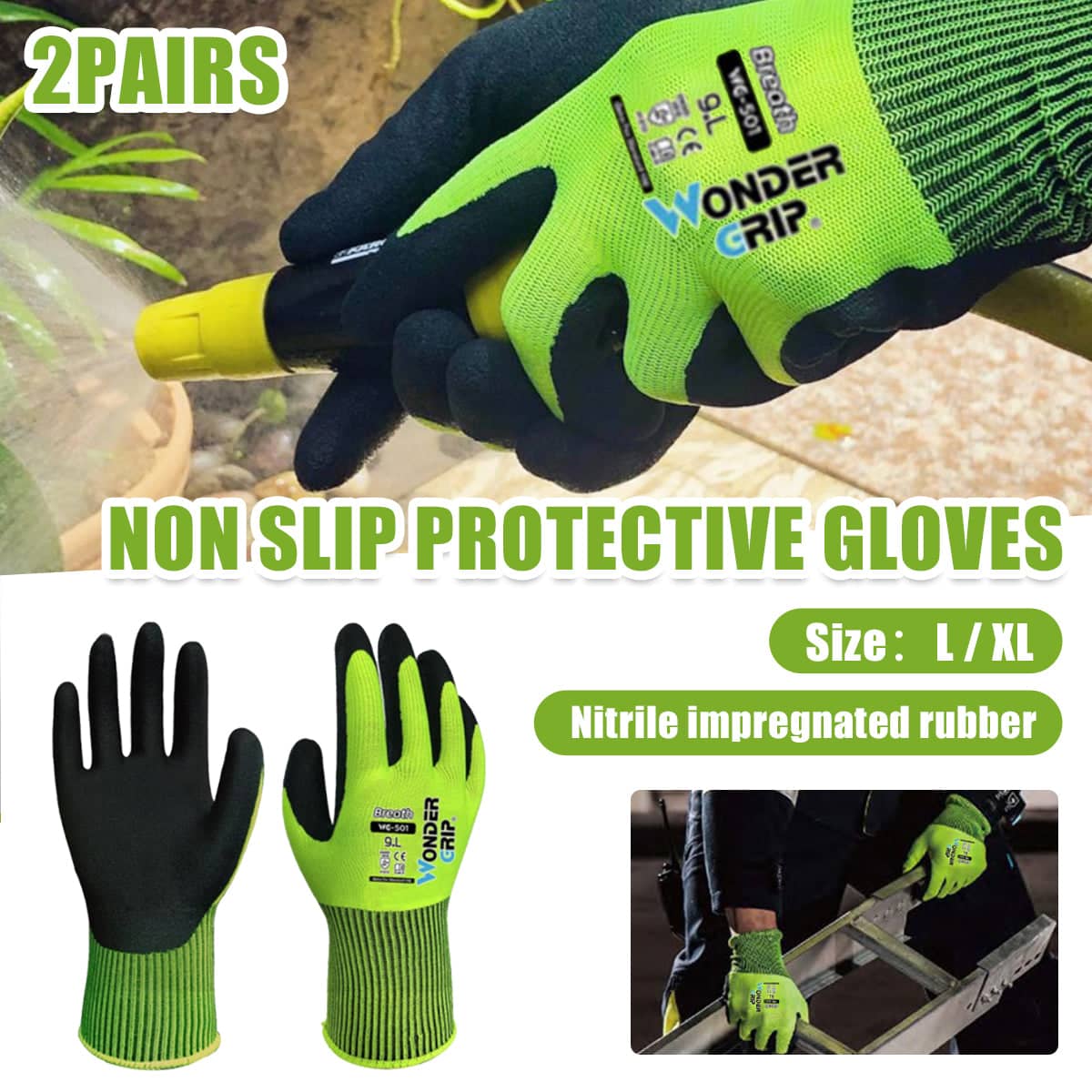 2 Pairs Nitrile Coated Garden Work Gloves Breathable Oil Resistant Non Slip - Size L - view 2