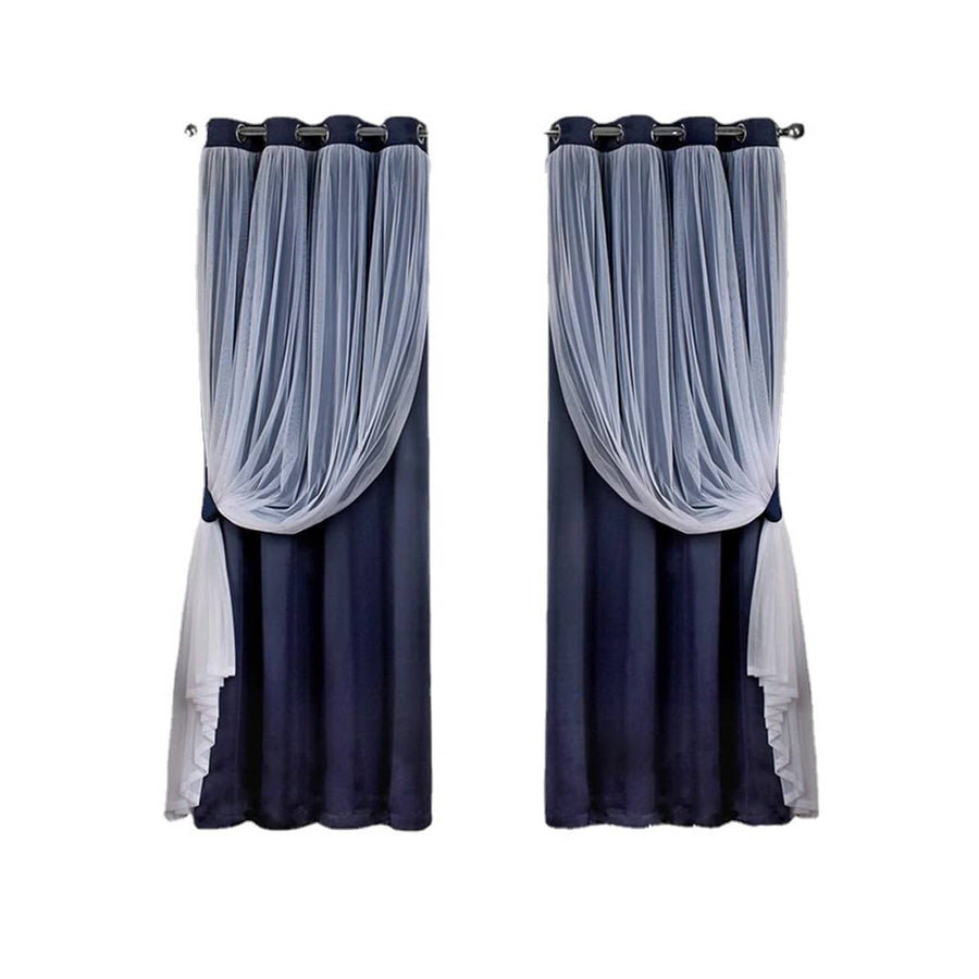 2 Panel Double Layer Blackout Curtains with Lace Trim - Blue