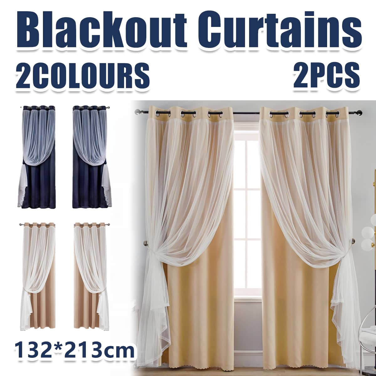 2 Panel Double Layer Blackout Curtains with Lace Trim - Blue - view 2