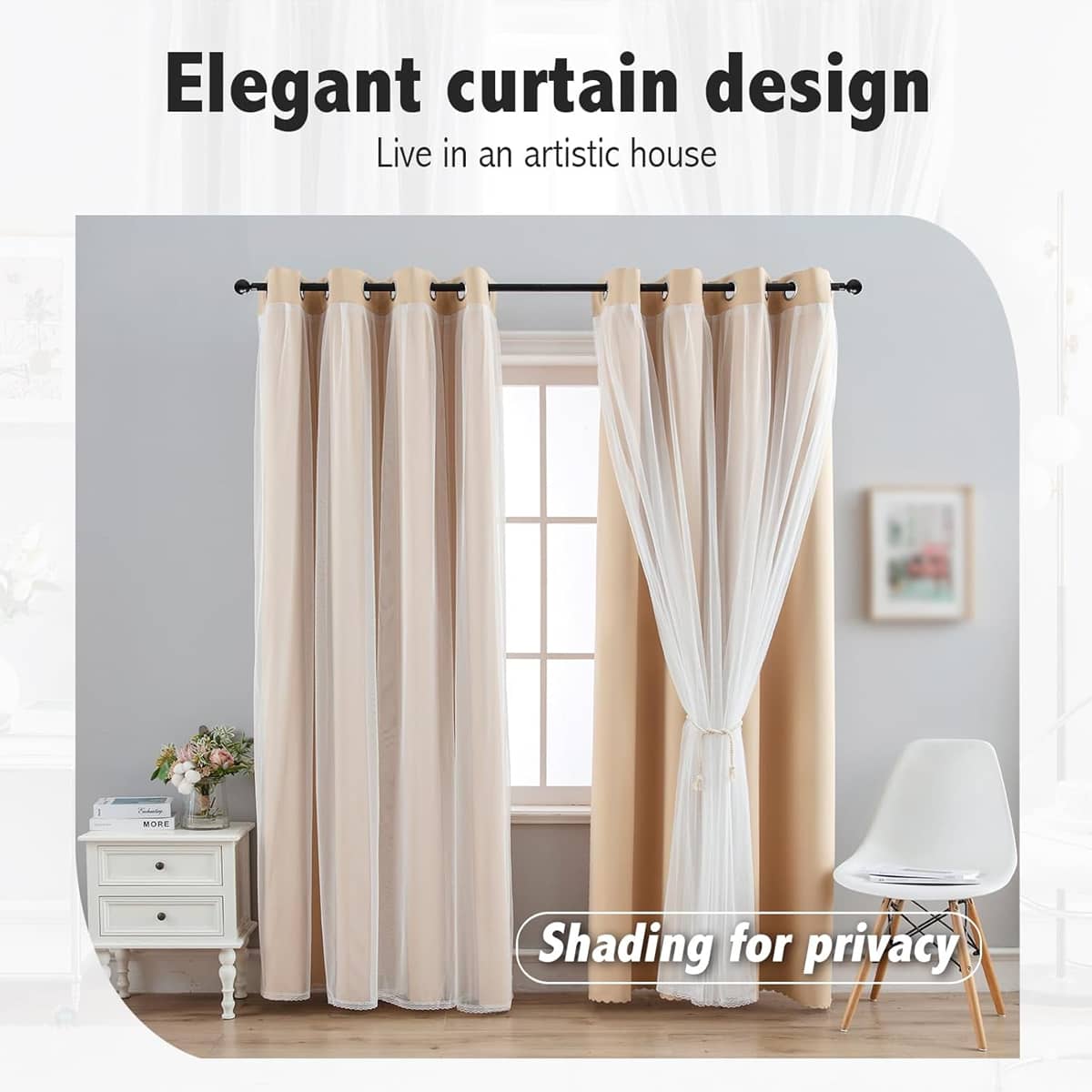 2 Panel Double Layer Blackout Curtains with Lace Trim - Blue - view 5