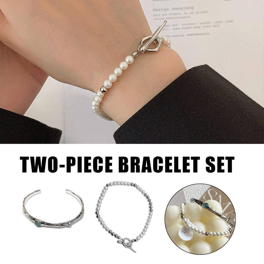 2-Piece OT Buckle Bracelet Set, Silver and Pearl