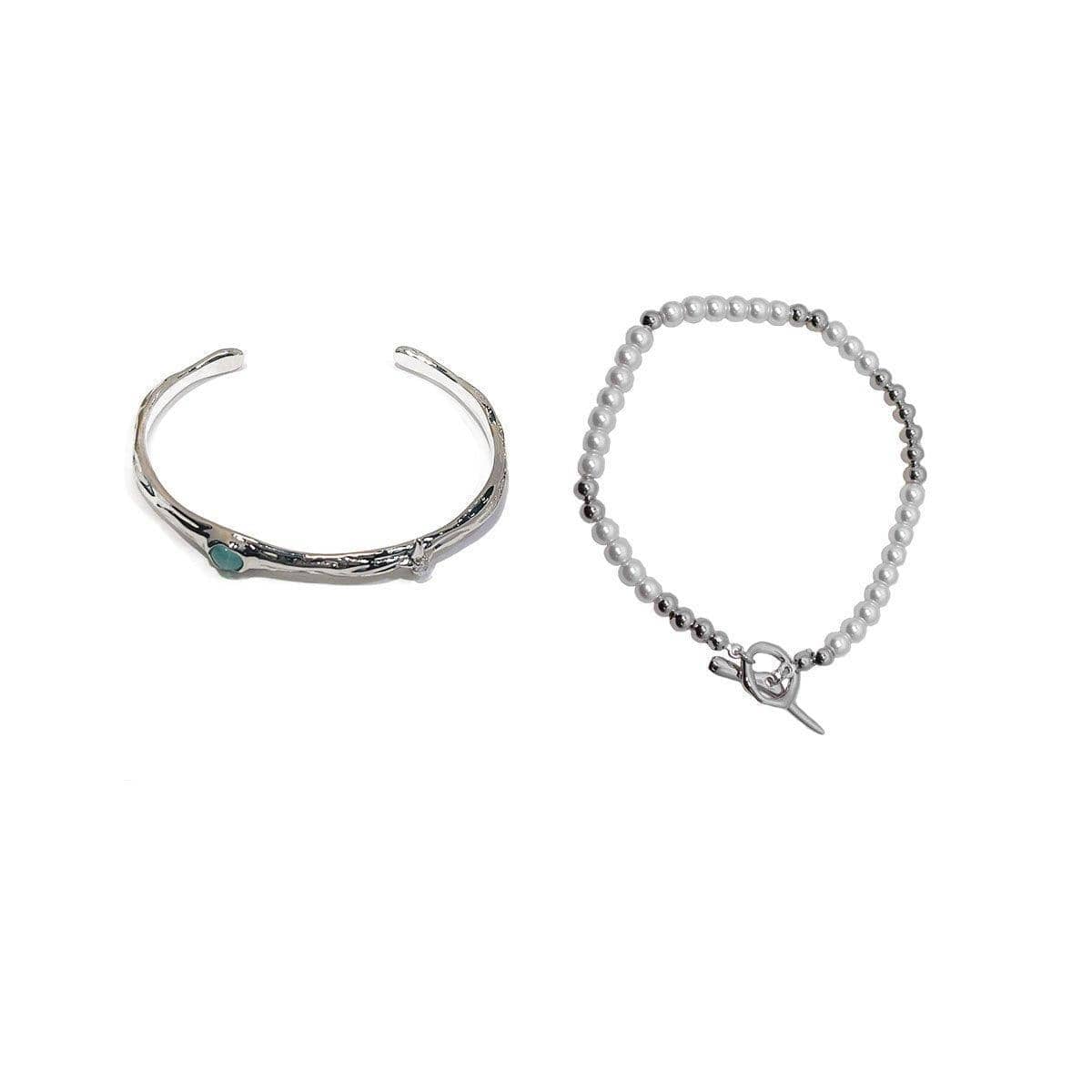 2-Piece OT Buckle Bracelet Set, Silver and Pearl - view 2
