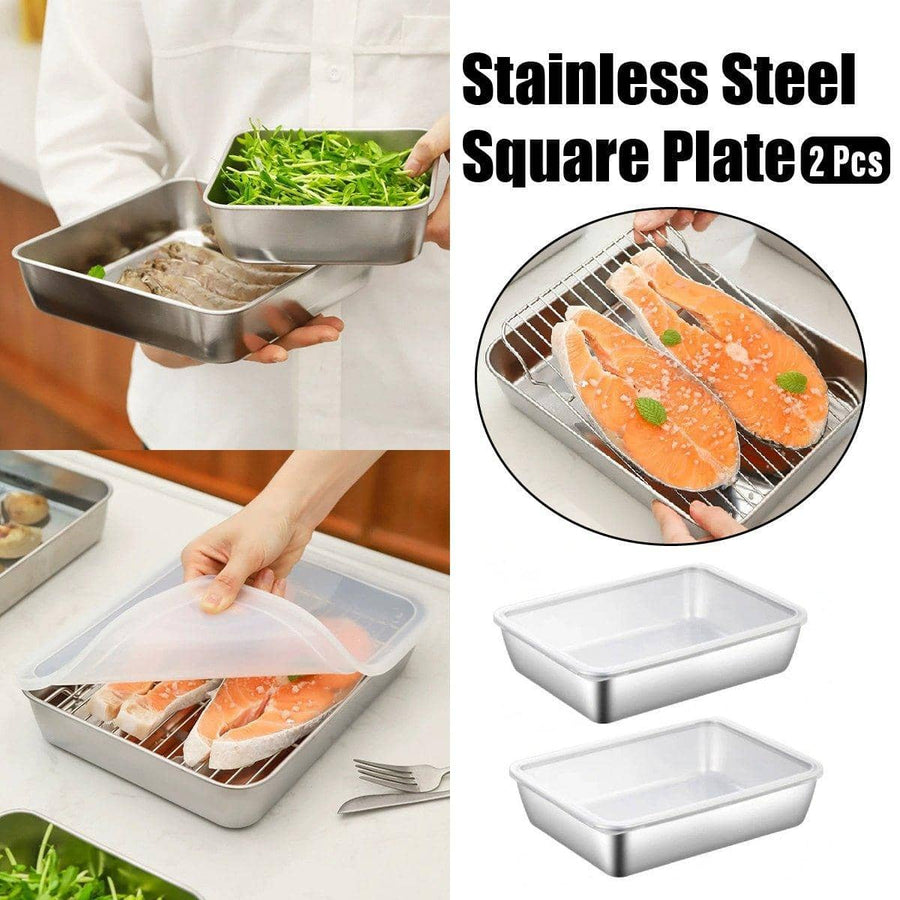 2 Piece Stainless Steel Square Food Tray with Lid, Rectangular Storage Box - 25.5 x 20 x 5.5 cm