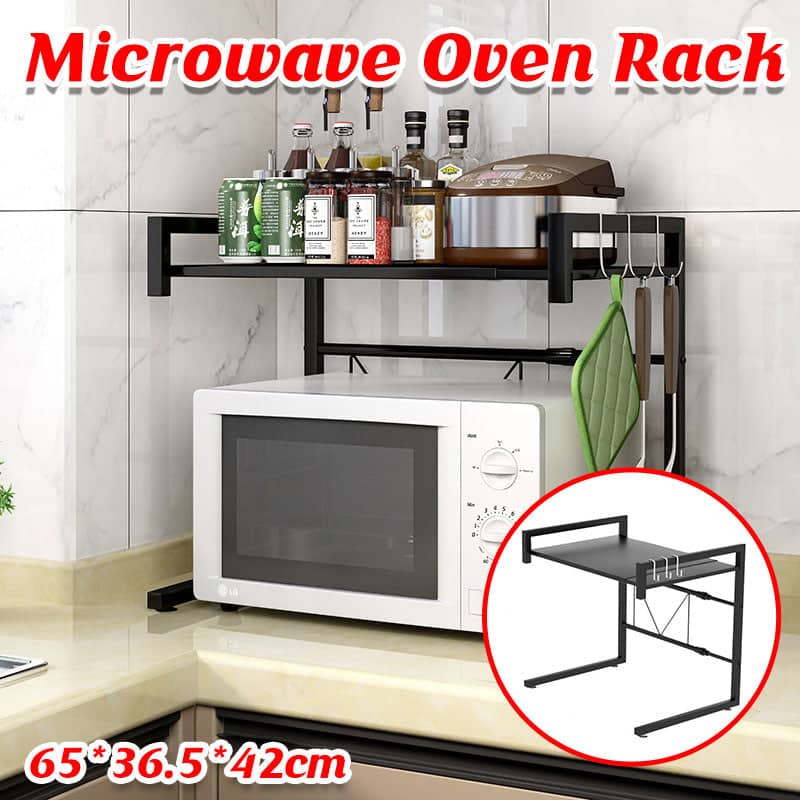 2 Tier Adjustable Microwave Shelf Stand, Black Metal Kitchen Counter Organiser, 40 to 65 cm Wide