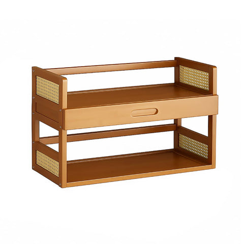2 Tier Bamboo Desktop Storage Shelf with Drawer and Rattan Sides - 66 x 20 x 39 cm