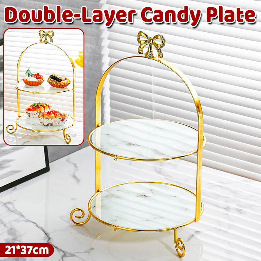 2 Tier Cake Stand - Gold Metal Frame with Marble-Look Trays, 21 x 37 cm