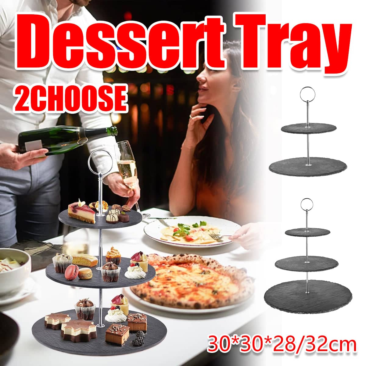 2-Tier Cake Stand with Stainless Steel and Slate Accents, 30 x 28 cm - view 2