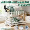 2 Tier Carbon Steel Dish Drying Rack with Cutlery Holder - White, 42cm Long