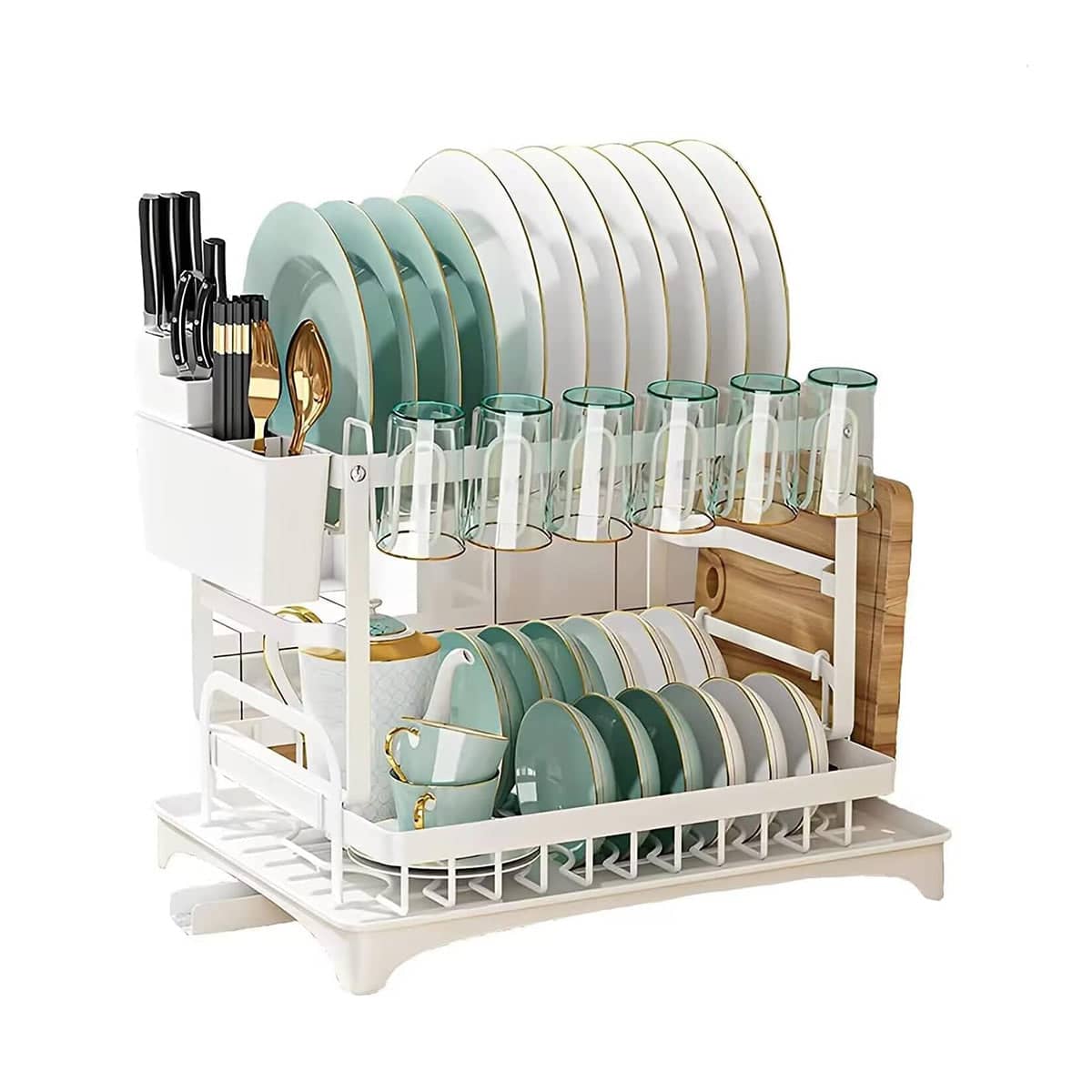 2 Tier Carbon Steel Dish Drying Rack with Cutlery Holder - White, 42cm Long - view 2