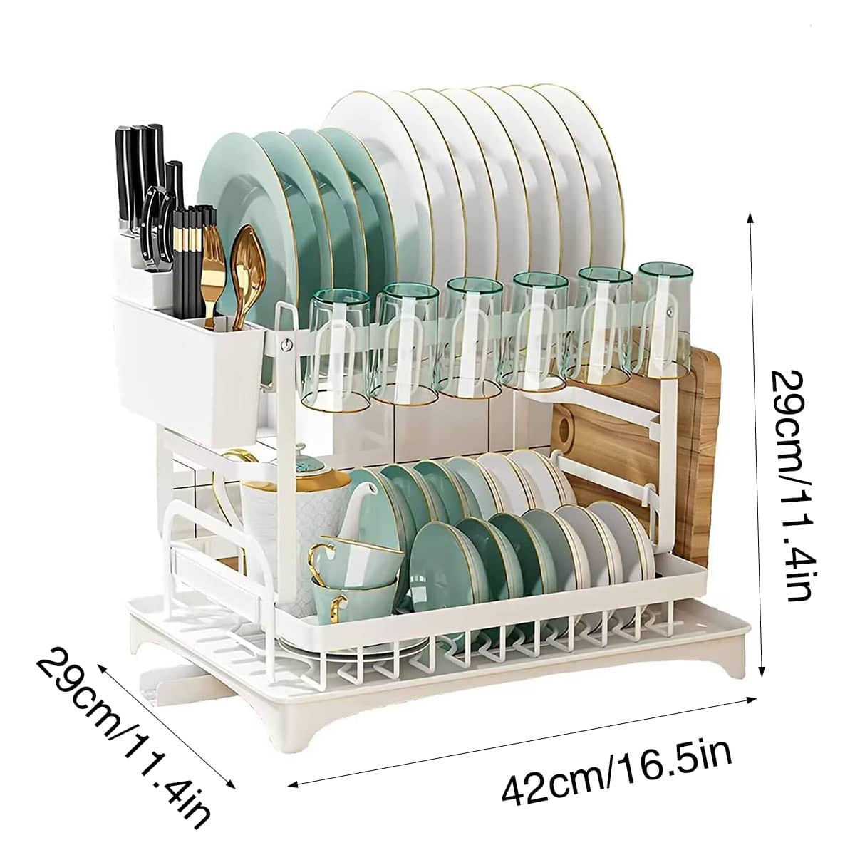 2 Tier Carbon Steel Dish Drying Rack with Cutlery Holder - White, 42cm Long - view 3